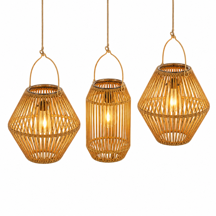 3-Piece Solar Rattan Hanging Lantern Set with Warm White LED Lights