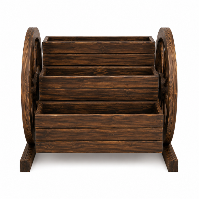 3-Tier Wooden Wagon Wheel Garden Planter with Rustic Display Shelves