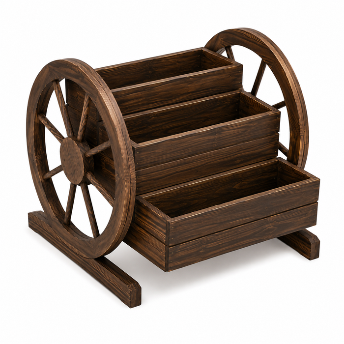 3-Tier Wooden Wagon Wheel Garden Planter with Rustic Display Shelves