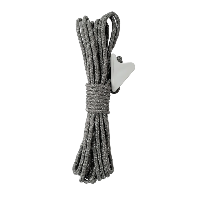 The Big Agnes Accessory Guylines 2mm features a neatly coiled gray high-strength cord with a white triangular plastic clip, shown against a plain white background.