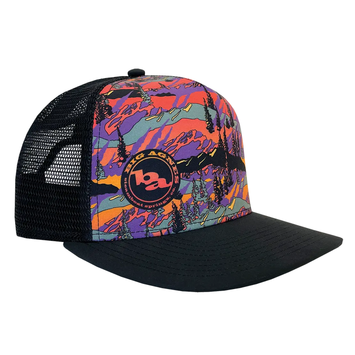 The Alpenglow Trucker Hat by Big Agnes features a black mesh back, flat black brim, and a vivid abstract mountain design with a round Big Agnes logo patch on the front.