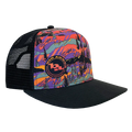 The Alpenglow Trucker Hat by Big Agnes features a black mesh back, flat black brim, and a vivid abstract mountain design with a round Big Agnes logo patch on the front.