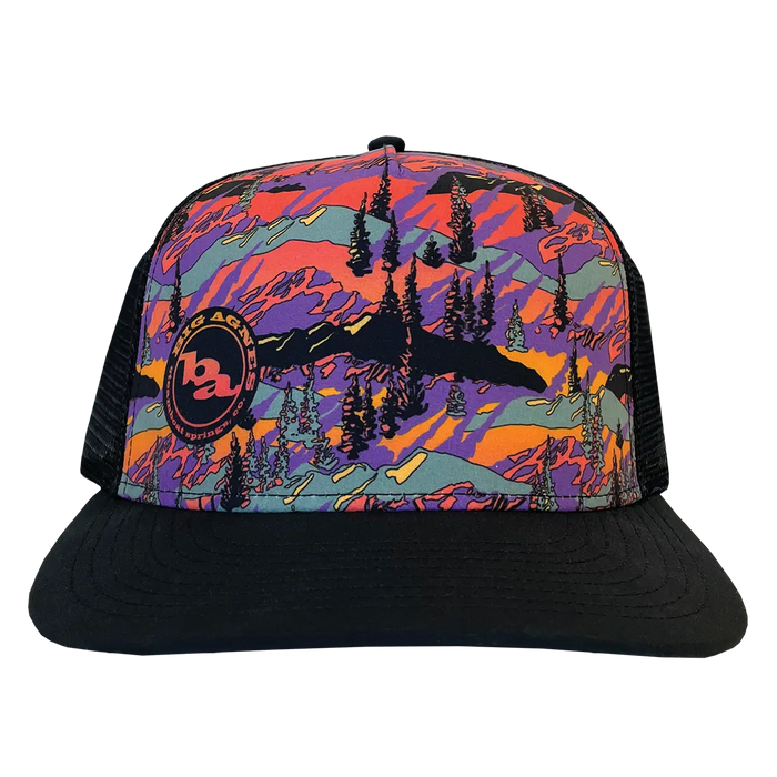 The Big Agnes Alpenglow Trucker Hat features a bold, multicolored mountain and forest design inspired by the limited edition Alpenglow, with a black mesh back and circular logo—perfect for outdoor enthusiasts.