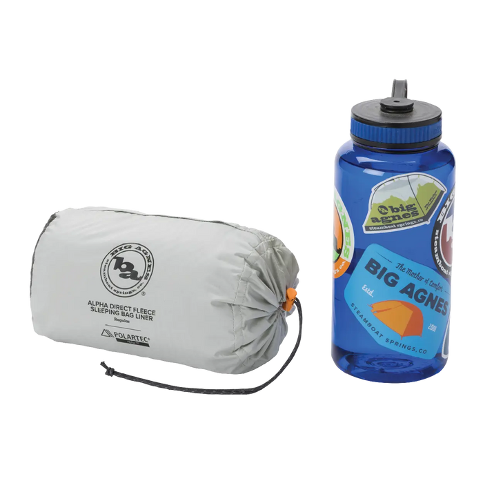 Sleeping bag liner and water bottle with Big Agnes branding on a white background