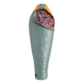 Gray sleeping bag with colorful interior on a white background