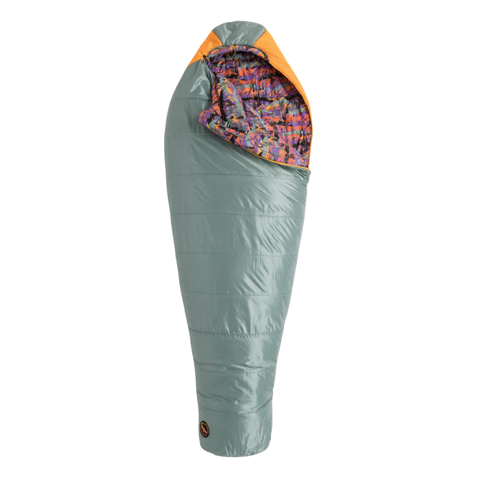 Gray sleeping bag with colorful interior on a white background