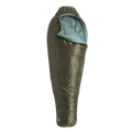 The Big Agnes Anthracite 20° is a green, mummy-style sleeping bag with recycled synthetic insulation and a light blue interior, shown upright and partially unzipped against a plain white background.