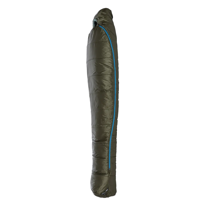 The Big Agnes Anthracite 20°, a dark green mummy-style sleeping bag with recycled synthetic insulation and a blue zipper, stands upright on a plain white background.