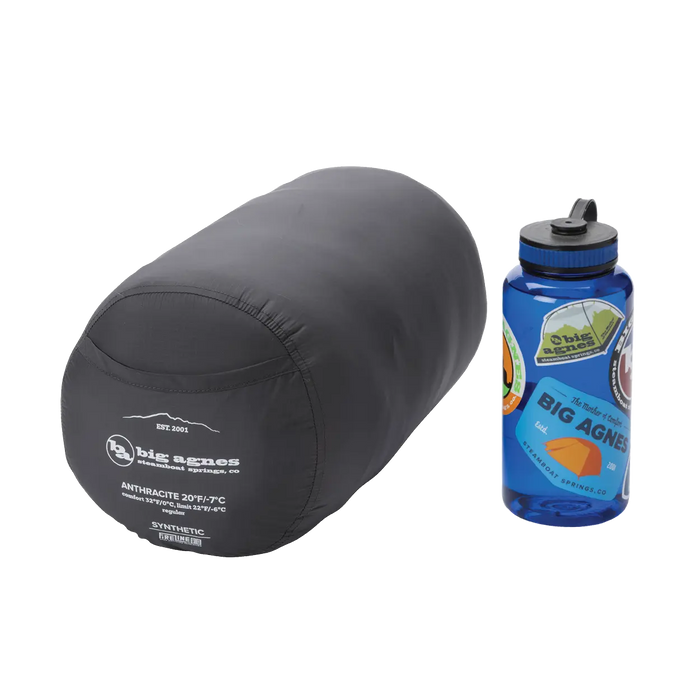 A Big Agnes Anthracite 20° gray mummy sleeping bag in its compression sack sits beside a blue sticker-covered reusable water bottle, both on a white background.