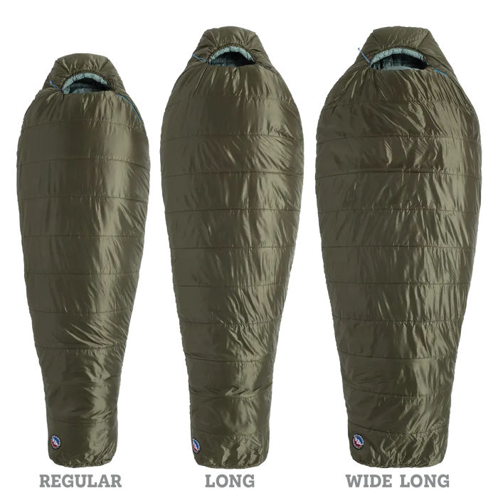 Three olive green Big Agnes Anthracite 20° mummy-style sleeping bags—Regular, Long, and Wide Long—are displayed side by side on a white background, showing their length and width differences; each uses recycled synthetic insulation for lightweight backpacking.
