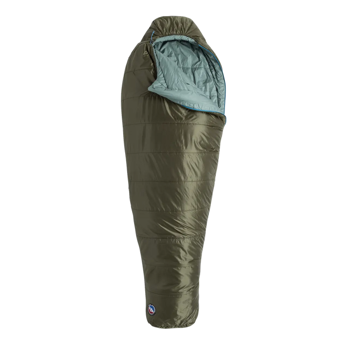 The Big Agnes Anthracite 20° is a green, mummy-style sleeping bag with recycled synthetic insulation and a light blue interior, shown upright and partially unzipped against a plain white background.