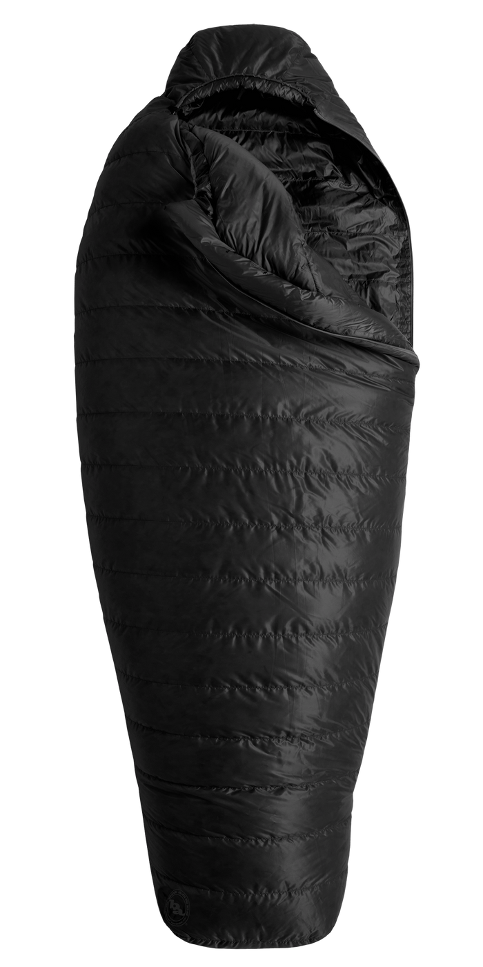 black traditional mummy sleeping bag with the zipper 1/4 of the way open from the top