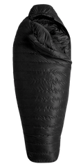 black traditional mummy sleeping bag with the zipper 1/4 of the way open from the top