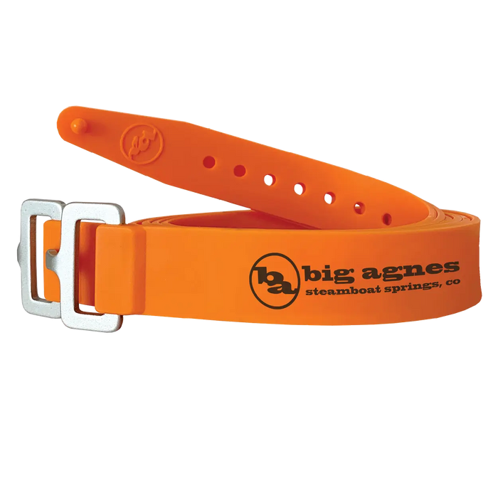 Orange belt with metal buckle and Big Agnes logo on a white background