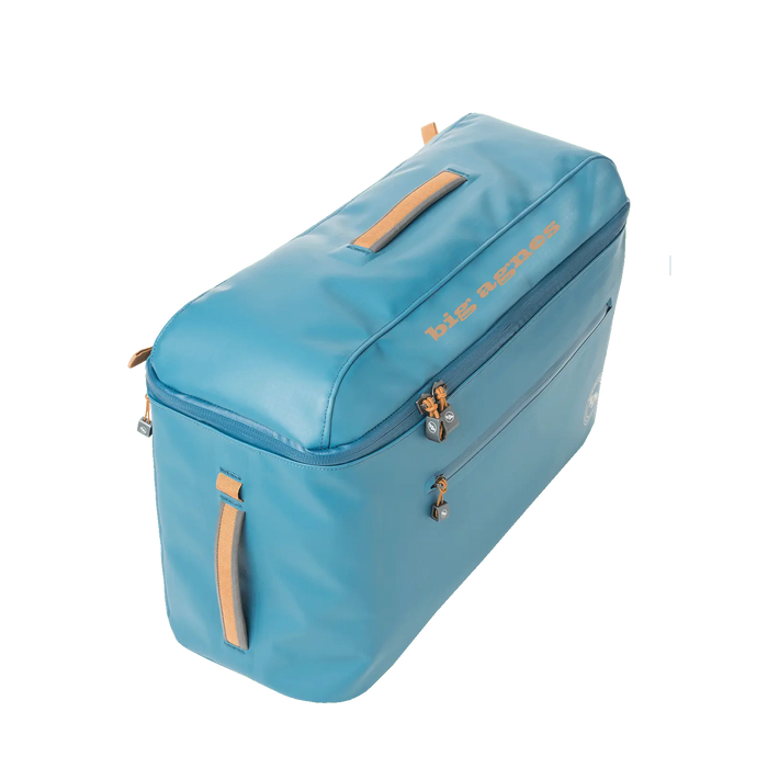 The Big Joe Gear Duffel by Big Agnes is a large rectangular blue bag with tan handles, zippered compartments, and "big agnes" on the side. Heavy-duty design shown against a plain white background.