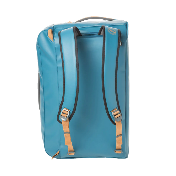 The Big Joe Gear Duffel by Big Agnes, a blue travel backpack with tan accents and padded shoulder straps, stands upright against a plain white background—blending duffel versatility with carry comfort for adventures.