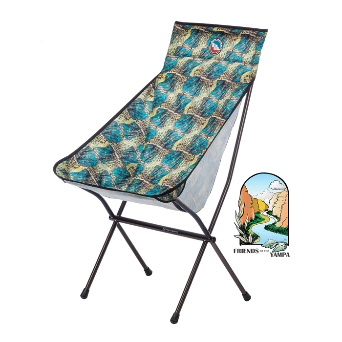 The Big Agnes Big Six Camp Chair is a lightweight, portable camp chair featuring a blue and green patterned seat with a black frame. Next to it is river canyon artwork labeled “Friends of the Yampa.”.