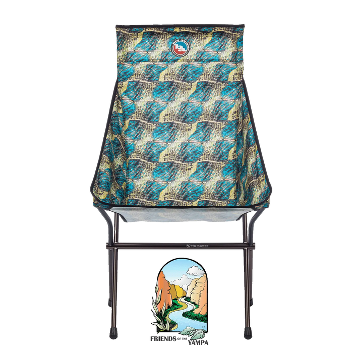 The Big Agnes Big Six Camp Chair features blue, teal, and tan geometric patterns with a Friends of the Yampa river scene patch below its tall back. The chair is shown against a plain white background.