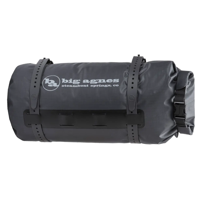 Black roll-top bag with 'big agnes' logo on a white background