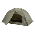 A green, dome-shaped Big Agnes Blacktail 2 - Vetiver tent is pitched with its front entrance open to reveal the interior. This lightweight backpacking tent stands on a plain white background.