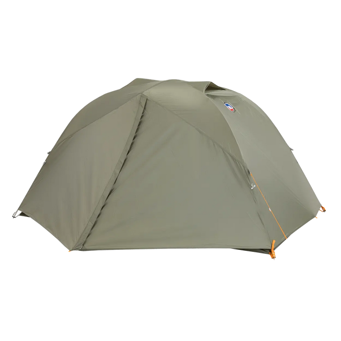 The Big Agnes Blacktail 2 - Vetiver is a durable, green dome camping tent with a fabric fly cover and orange zipper pulls—a lightweight, sleek option for backpacking—shown on a plain white background.