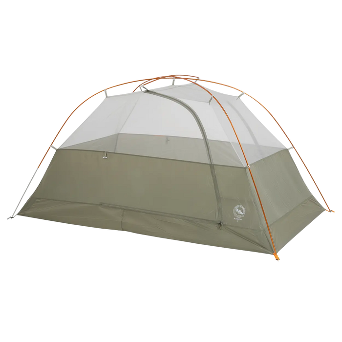 The Big Agnes Blacktail 2 - Vetiver is a lightweight olive-green backpacking tent with mesh upper walls, an orange frame, and a zippered door, shown set up on a white background and designed for easy assembly.
