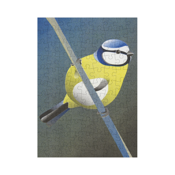 bookspeed - mini 99 piece happily puzzle of a blue tit completed on white background - winter's moon