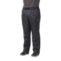 A person wearing Big Agnes Camp Boss Insulated Overpants with FireLine Eco Synthetic insulation and an elastic waistband with a small belt, paired with a gray short-sleeve shirt and gray hiking shoes, stands against a white background.