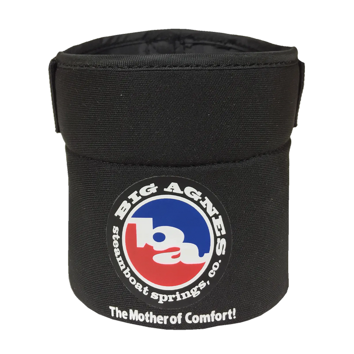 The Big Agnes Camp Chair Drink Holder is a black neoprene insulated cup holder with blue, red, and white accents and "Big Agnes Steamboat Springs, CO. The Mother of Comfort!"—perfect for your Big Agnes chair.