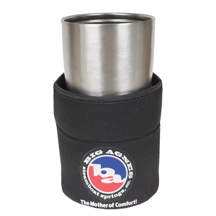 The Camp Chair Drink Holder by Big Agnes features a stainless steel tumbler in a black insulated holder with the Big Agnes logo, “Steamboat Springs, CO,” and “The Mother of Comfort!”—ideal for your Big Agnes chair adventures.