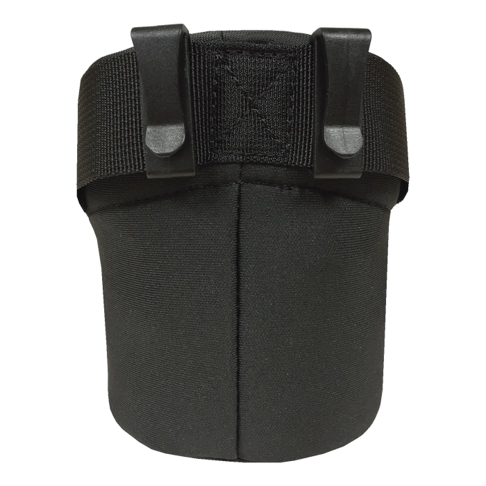The Big Agnes Camp Chair Drink Holder is a black fabric insulated pouch with two plastic clips and a wide top strap, designed to attach to a belt or gear. It has a simple, sturdy design and is photographed against a white background.