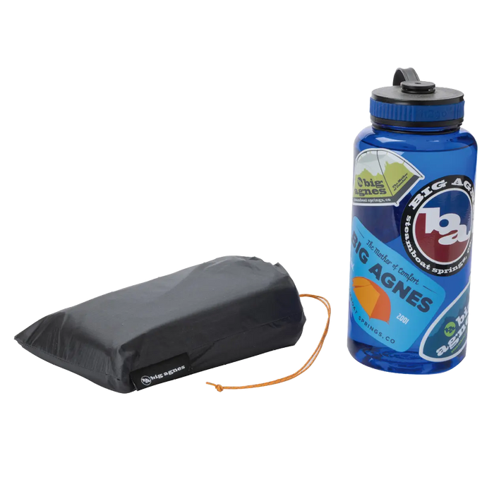 Black Copper Spur UL1 Bikepack Footprint and blue water bottle with 'Big Agnes' branding on a white background