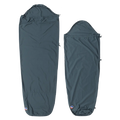 Two dark blue Big Agnes Cotton Sleeping Bag Liners are laid flat. The left is rectangular with a hood; the right is a tapered mummy style. Both feature a small logo at the bottom and are ideal for travel.