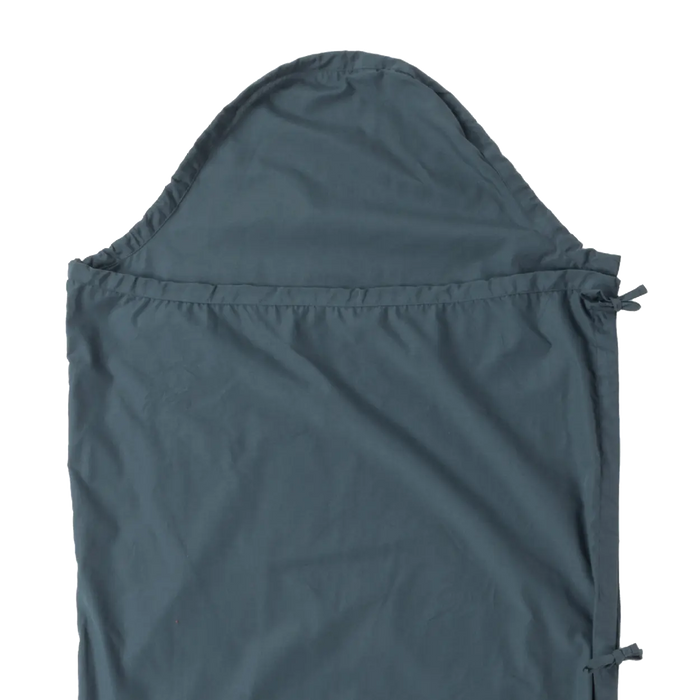 The Big Agnes Cotton Sleeping Bag Liner in dark blue features a hood, smooth texture, and side ties. Shown flat on a light background, this simple design makes it an ideal travel companion.
