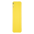 The Big Agnes Divide Insulated is a bright yellow, lightweight rectangular sleeping pad with horizontal air chambers, crafted from recycled fabric and shown from above on a white background.