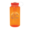 Orange water bottle with a logo and text on a white background