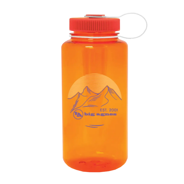 Orange water bottle with a logo and text on a white background