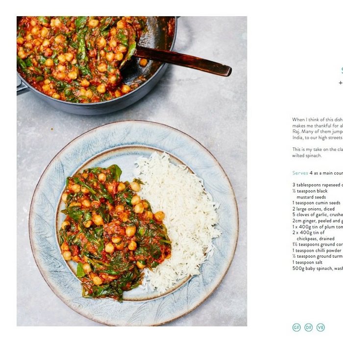 bookspeed - fresh india cookbook spread with tomato, spinach, and chickpea curry recipe - winter's moon