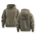 Khaki hoodie with front and back designs on a white background