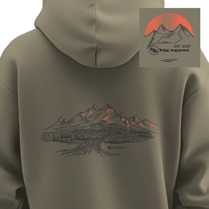 Khaki hoodie with mountain design on the back, featuring Big Agnes logo.