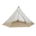 The Gold Camp 3 Mesh Inner by Big Agnes is a beige, pyramid-shaped camping tent with a central pole and mesh interior for bug protection, shown pitched with its entrance open on a white background.