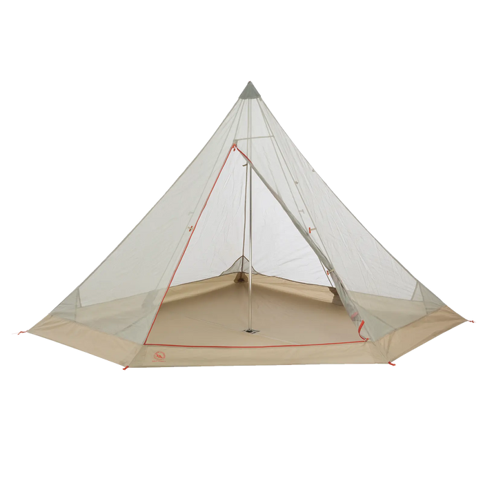 The Gold Camp 3 Mesh Inner by Big Agnes is a beige, pyramid-shaped camping tent with a central pole and mesh interior for bug protection, shown pitched with its entrance open on a white background.