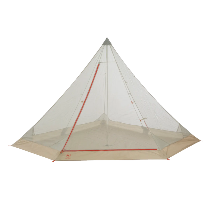 The Big Agnes Gold Camp 3 Mesh Inner is a lightweight, beige, pyramid-shaped tent with a single peak and red zipper, designed for camping and bug protection, shown against a plain white background.