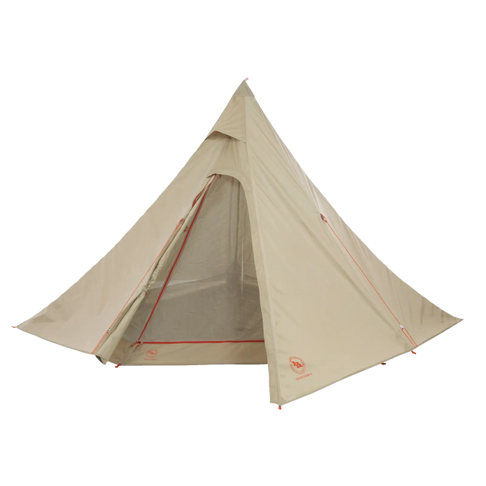 The Big Agnes Gold Camp 3 Mesh Inner is a beige, cone-shaped tent with red seam accents and a triangular design, featuring a partially open entrance for enhanced bug protection, shown against a plain white background.