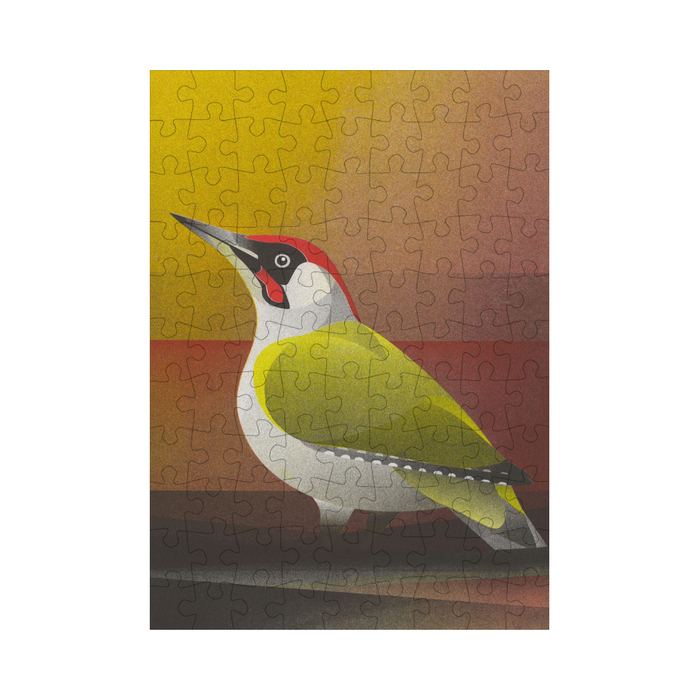 bookspeed - mini 99 piece happily puzzle of a green wood pecker completed on white background - winter's moon