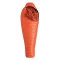 The Big Agnes Greystone 20° is an orange, mummy-style sleeping bag with a hood and DownTek insulation, designed for warm backpacking trips, shown upright against a white background.