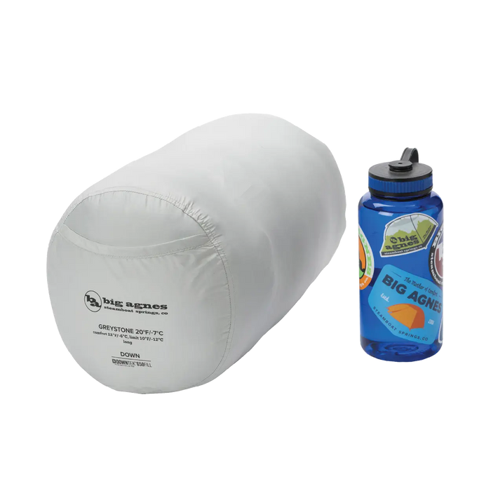 The Big Agnes Greystone 20° sleeping bag sits beside a blue, sticker-covered Nalgene, highlighting its compact size—ideal for backpacking trips.