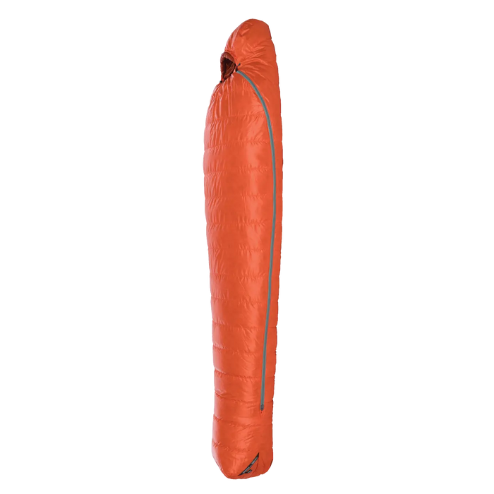 The Big Agnes Greystone 20° is a red, mummy-style sleeping bag with DownTek insulation, a hooded top, and a side zipper—ideal for backpacking adventures.