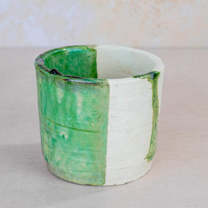 maison berber - handmade ceramic half glaze white and green plant pot on beige background - winter's moon
