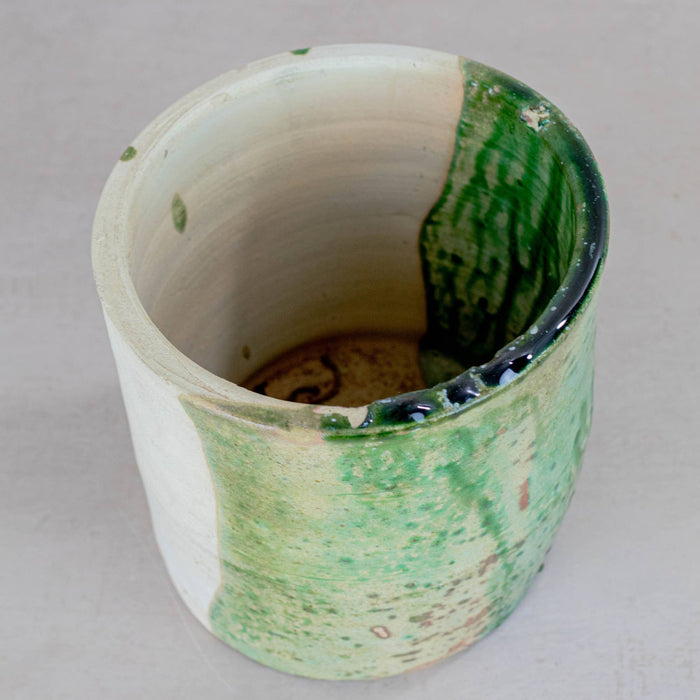 maison berber - handmade ceramic half glaze white and green plant pot on beige background - winter's moon